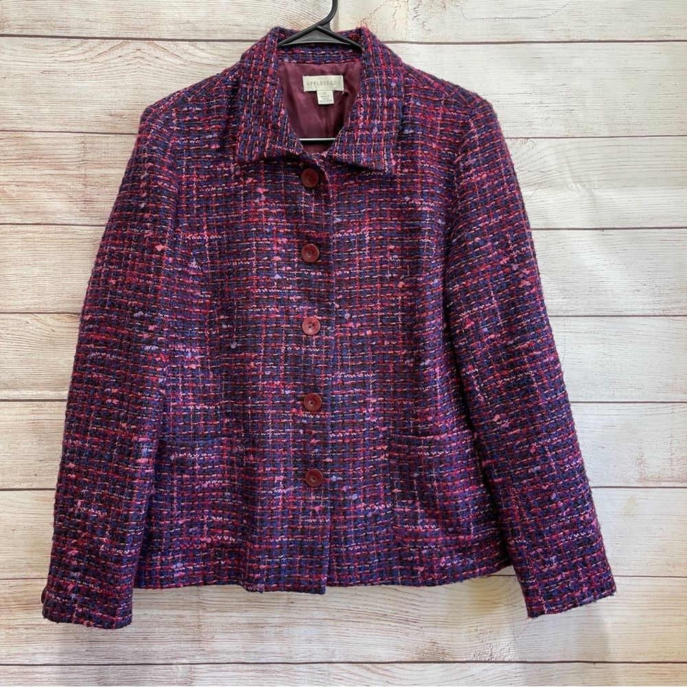 APPLESEEDS TEXTURED TWEED BLAZER IN RED AND PURPLE